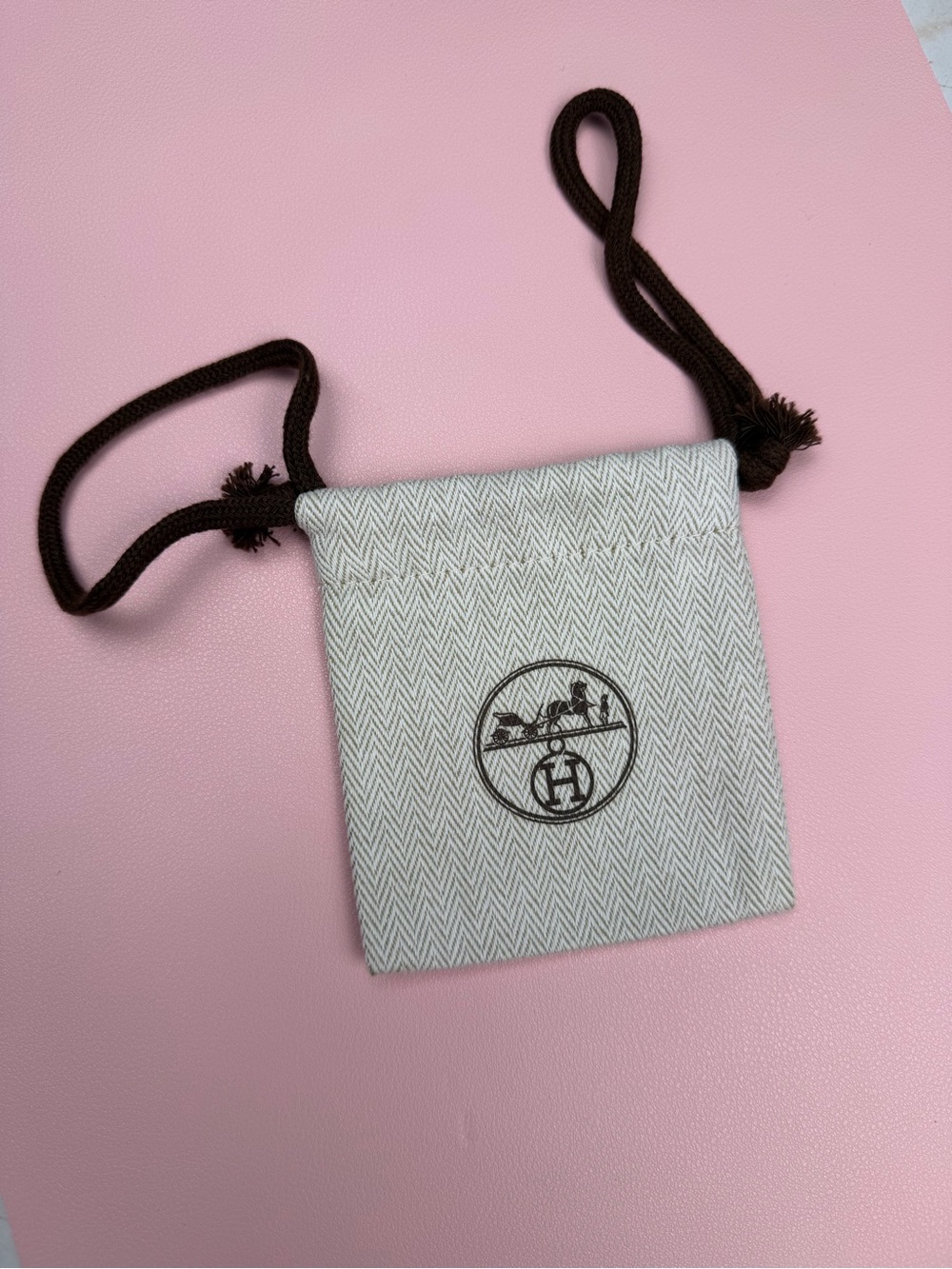 Hermes Cream Drawstring Pouch with Brown Cord